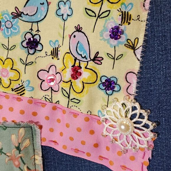 Upcycled Levi's Mushrooms Birds Florals Lace Hand Stitched Jeans Sz 14 1023 - Picture 7 of 12
